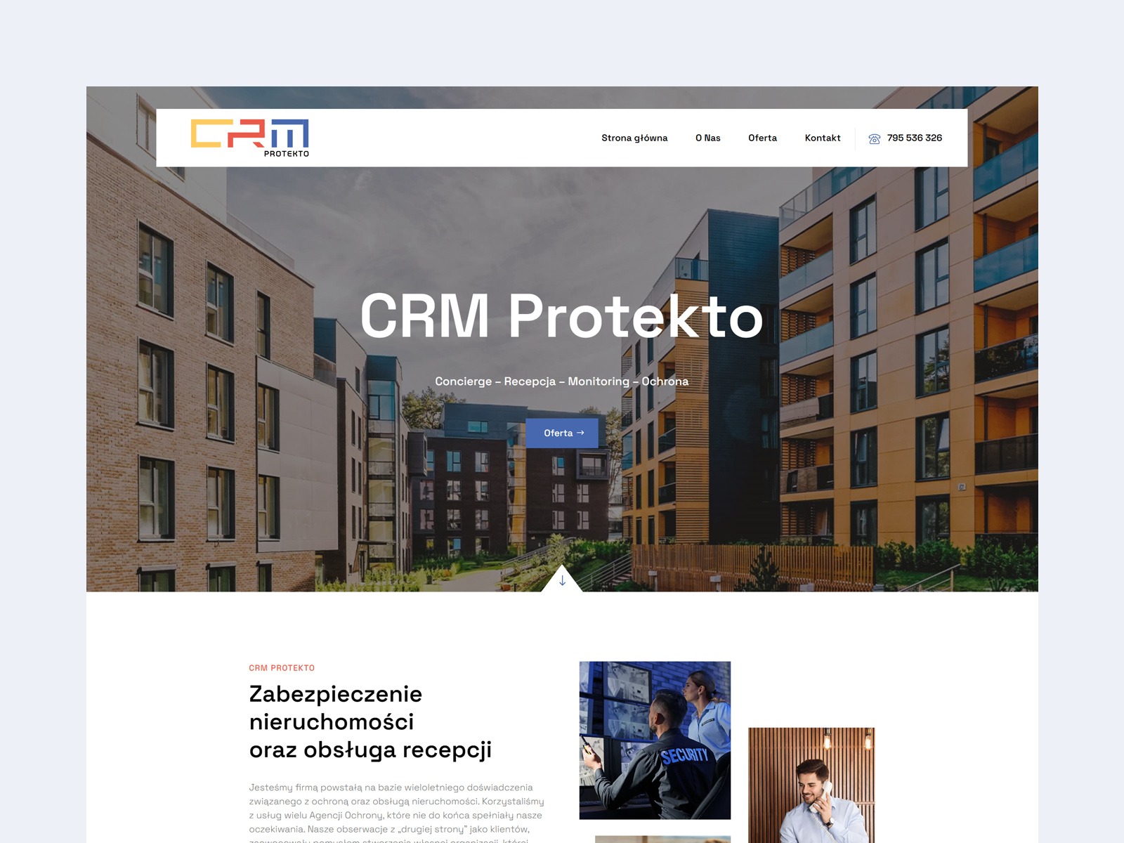 Strona internetowa firmy CRM Protekto z widokiem na nowoczesne budynki mieszkalne, oferującej usługi concierge, recepcji, monitoringu i ochrony.