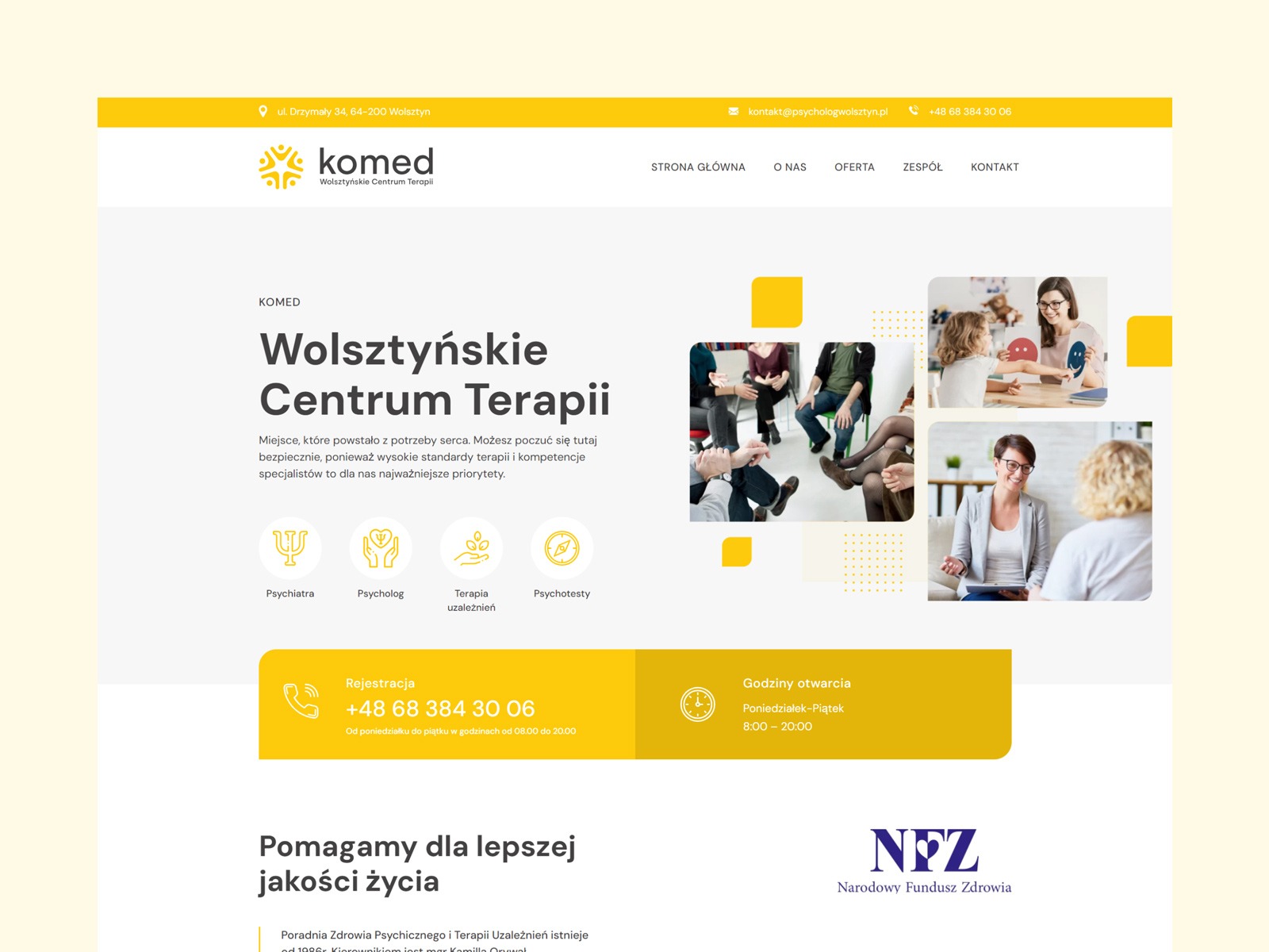 Strona internetowa Wolsztyńskiego Centrum Terapii z informacjami o psychiatrii, psychologii i terapii uzależnień, prezentująca zdjęcia z sesji terapeutycznych.