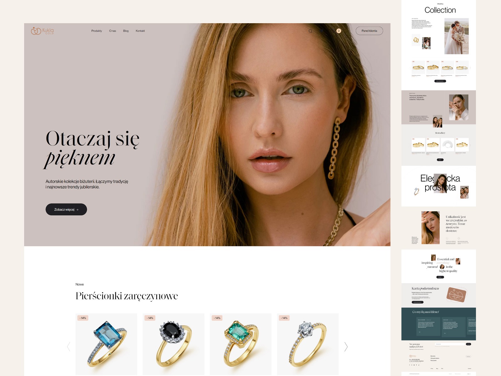 Fragment strony internetowej z wizerunkiem kobiety noszącej długie, złote kolczyki i naszyjnik, prezentującej kolekcję biżuterii.