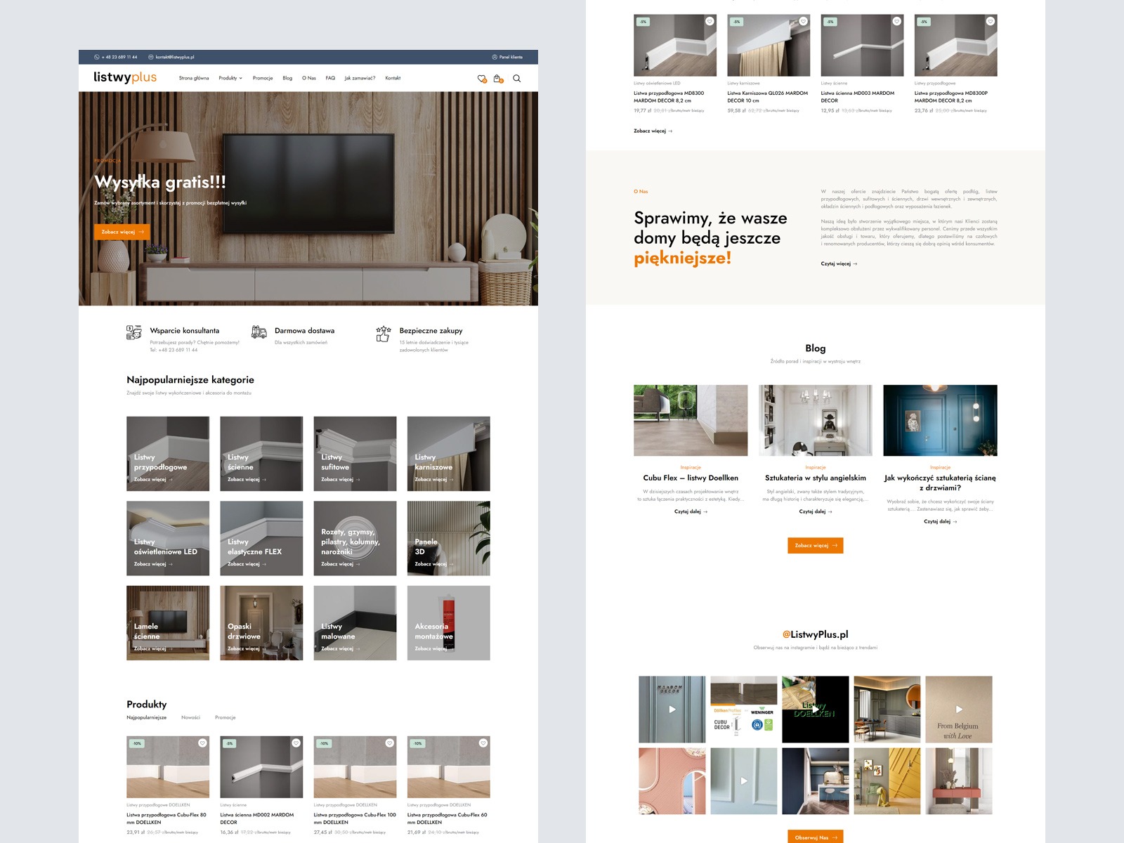 Strona internetowa sklepu z listwami wykończeniowymi ListwyPlus.pl, prezentująca kategorie produktów, promocje i inspiracje wnętrz.