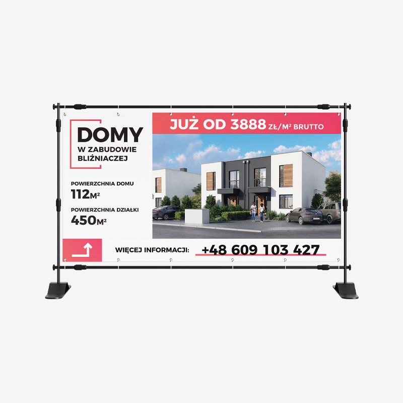 Baner reklamowy z wizualizacją nowoczesnych domów w zabudowie bliźniaczej, informacją o powierzchni domu i działki oraz cenie za metr kwadratowy. Widoczny numer telefonu kontaktowego.