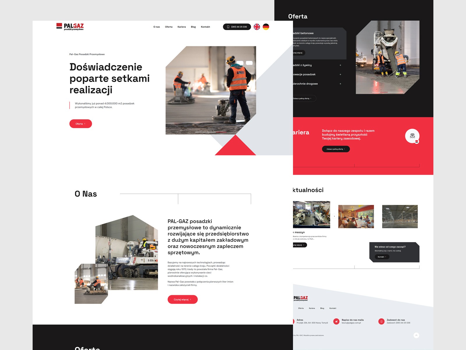 Strona internetowa firmy Pal-Gaz Posadzki Przemysłowe prezentująca doświadczenie w realizacji posadzek przemysłowych, z pracownikami w odblaskowych kamizelkach podczas szlifowania betonu.
