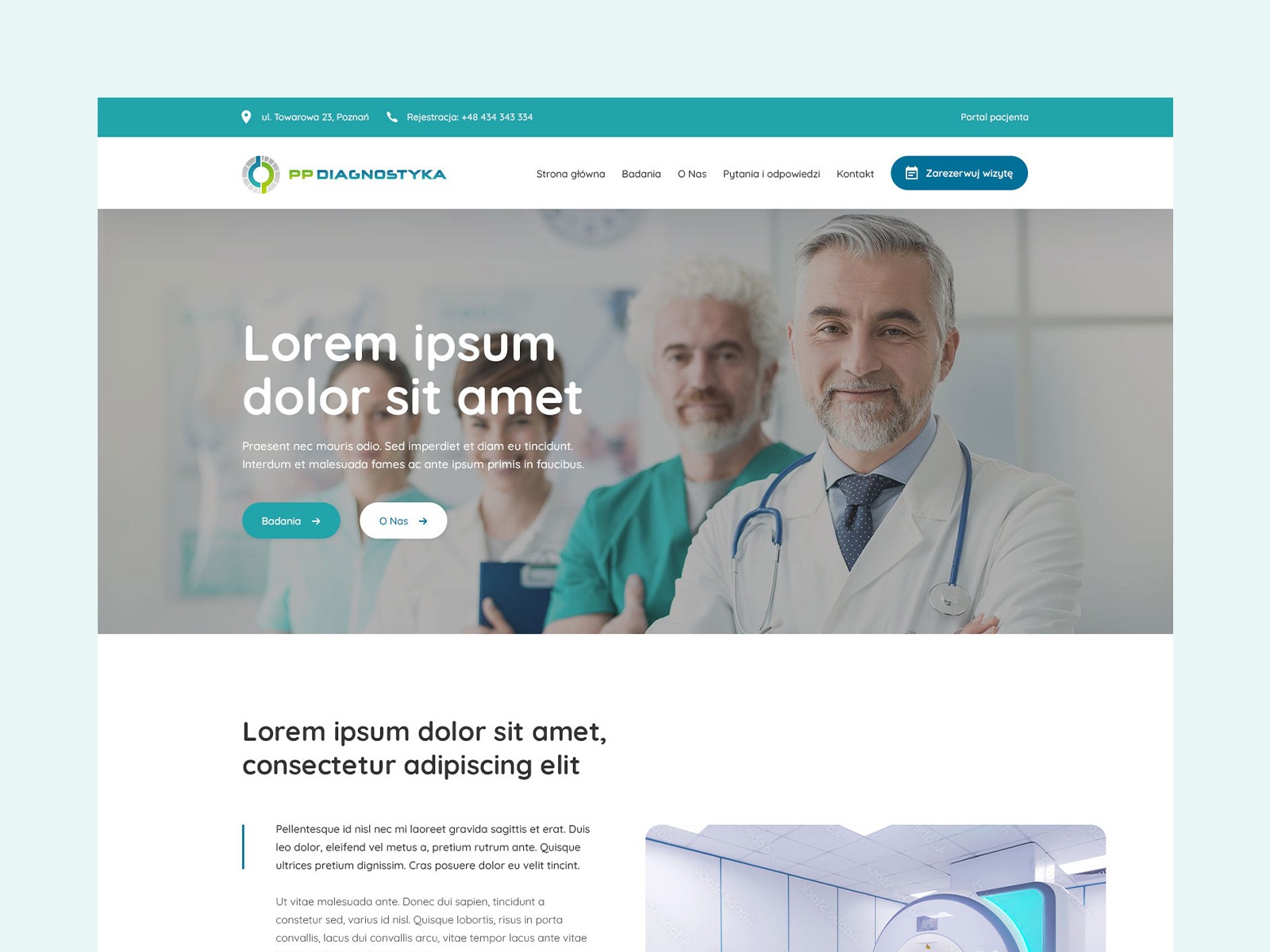 Projekt strony internetowej dla placówki medycznej PP Diagnostyka z nowoczesnym designem, prezentujący lekarzy i oferowane badania, z wyraźnymi przyciskami nawigacyjnymi i schludną typografią.
