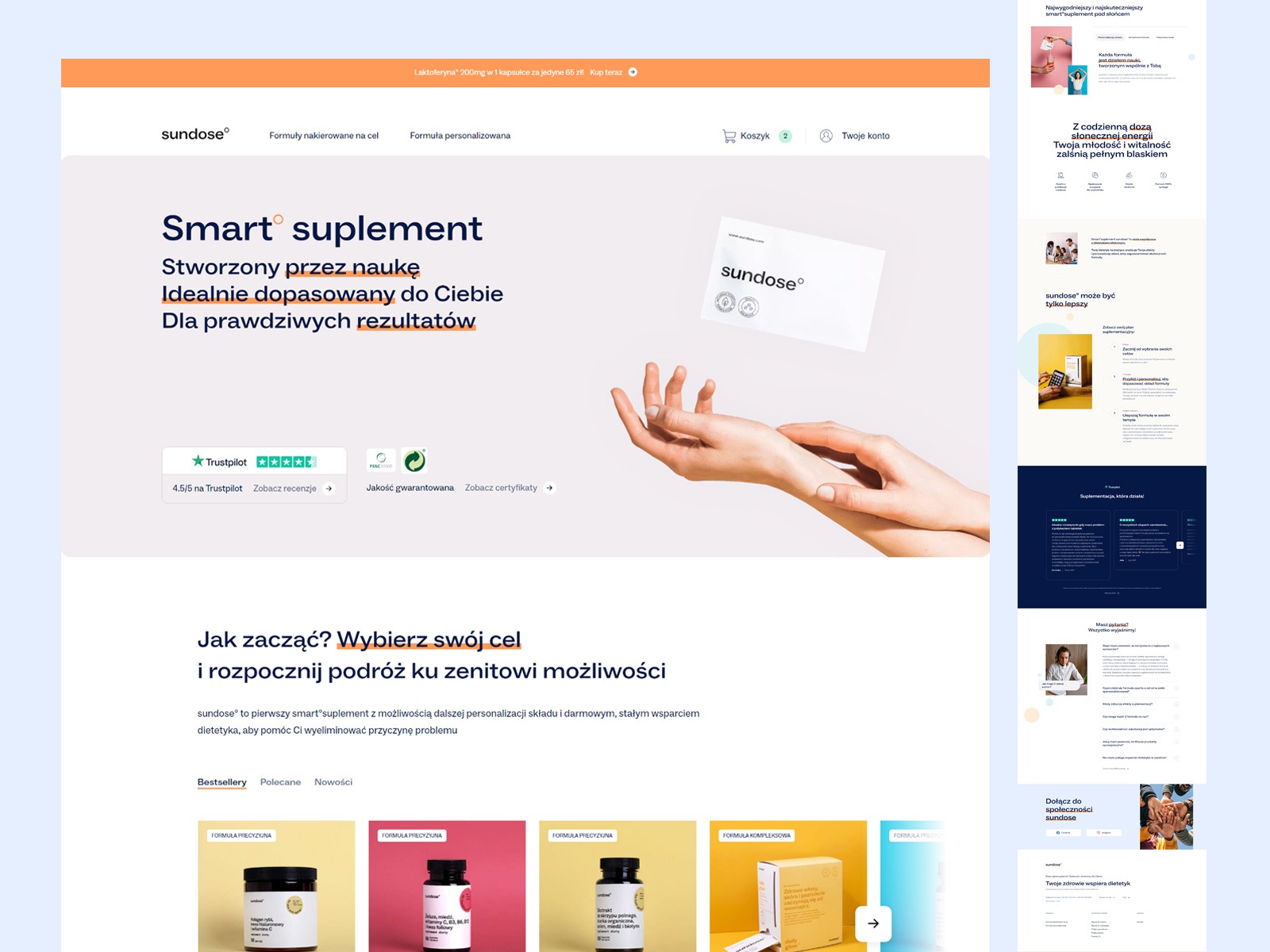 Projekt strony internetowej w Wolsztynie prezentujący suplementy diety marki Sundose, z minimalistycznym designem i naciskiem na personalizację formuły.