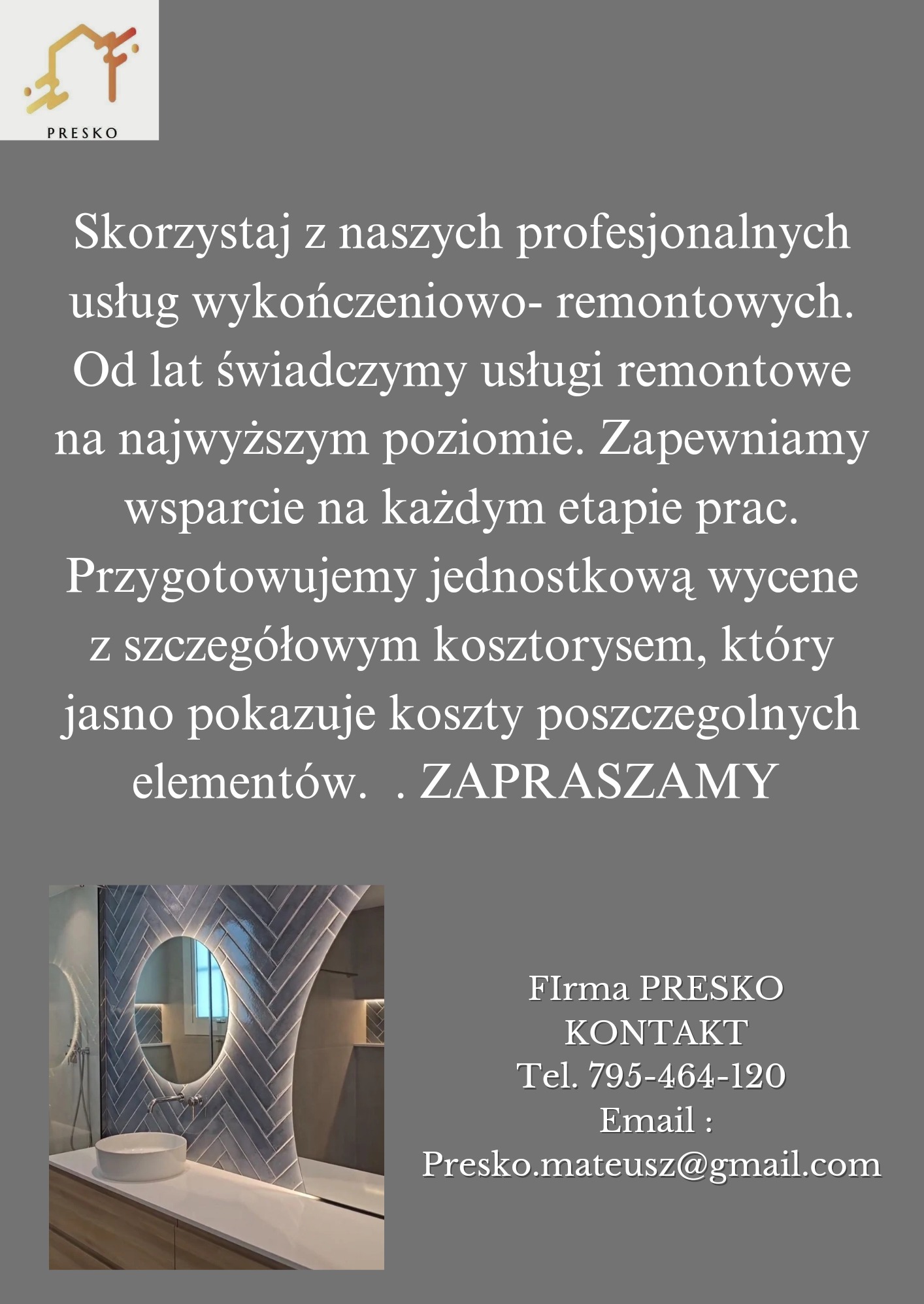 Grafika reklamowa firmy PRESKO oferującej usługi remontowe i wykończeniowe, z wizualizacją łazienki z okrągłym lustrem podświetlanym LED i płytkami ułożonymi w jodełkę.