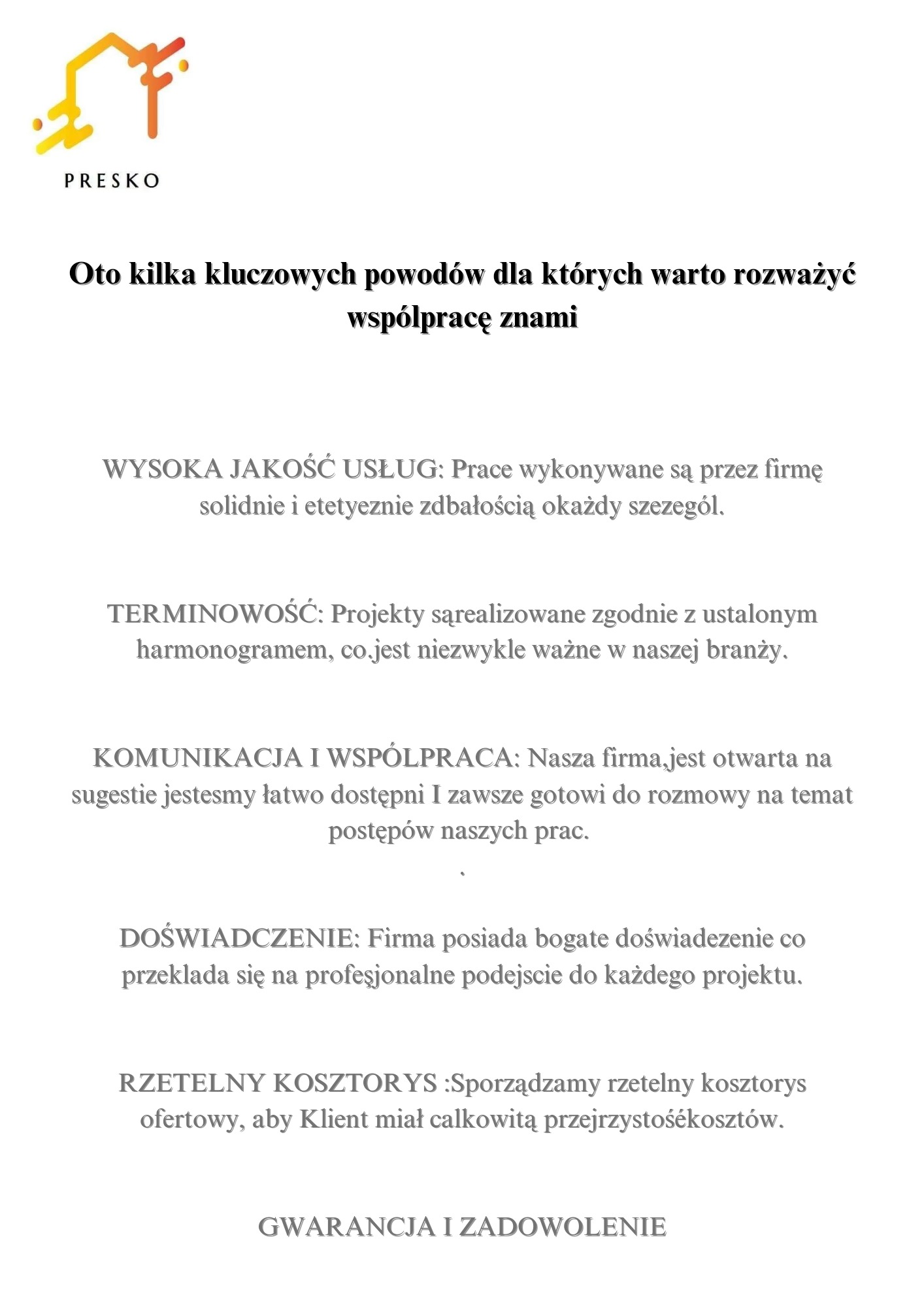 Grafika firmowa z logo PRESKO, prezentująca kluczowe powody, dla których warto rozważyć współpracę, podkreślająca wysoką jakość usług, terminowość, komunikację, doświadczenie i rzetelny kosztorys.