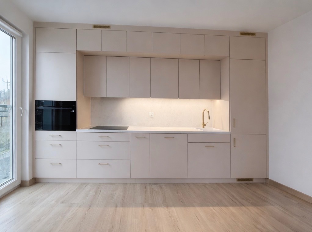 Jasna kuchnia na wymiar z beżowymi frontami, złotą armaturą i oświetleniem LED pod szafkami wiszącymi. Minimalistyczny design z piekarnikiem w zabudowie.