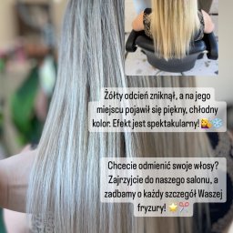 MANAMI Salon Fryzjerski Anna Dębska - Włosy po koloryzacji z chłodnym odcieniem blondu, widoczne od tyłu, z dołączonym zdjęciem 'przed' w prawym górnym rogu. Tekst reklamowy zachęca do odwiedzenia salonu w Nowym Sączu.