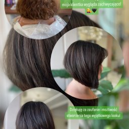 MANAMI Salon Fryzjerski Anna Dębska - Kolaż przedstawiający metamorfozę fryzury: od brązowych włosów przed koloryzacją do ciemnobrązowego boba z wygolonym karkiem, widoczne z tyłu i z profilu, z roślinnym tłem.