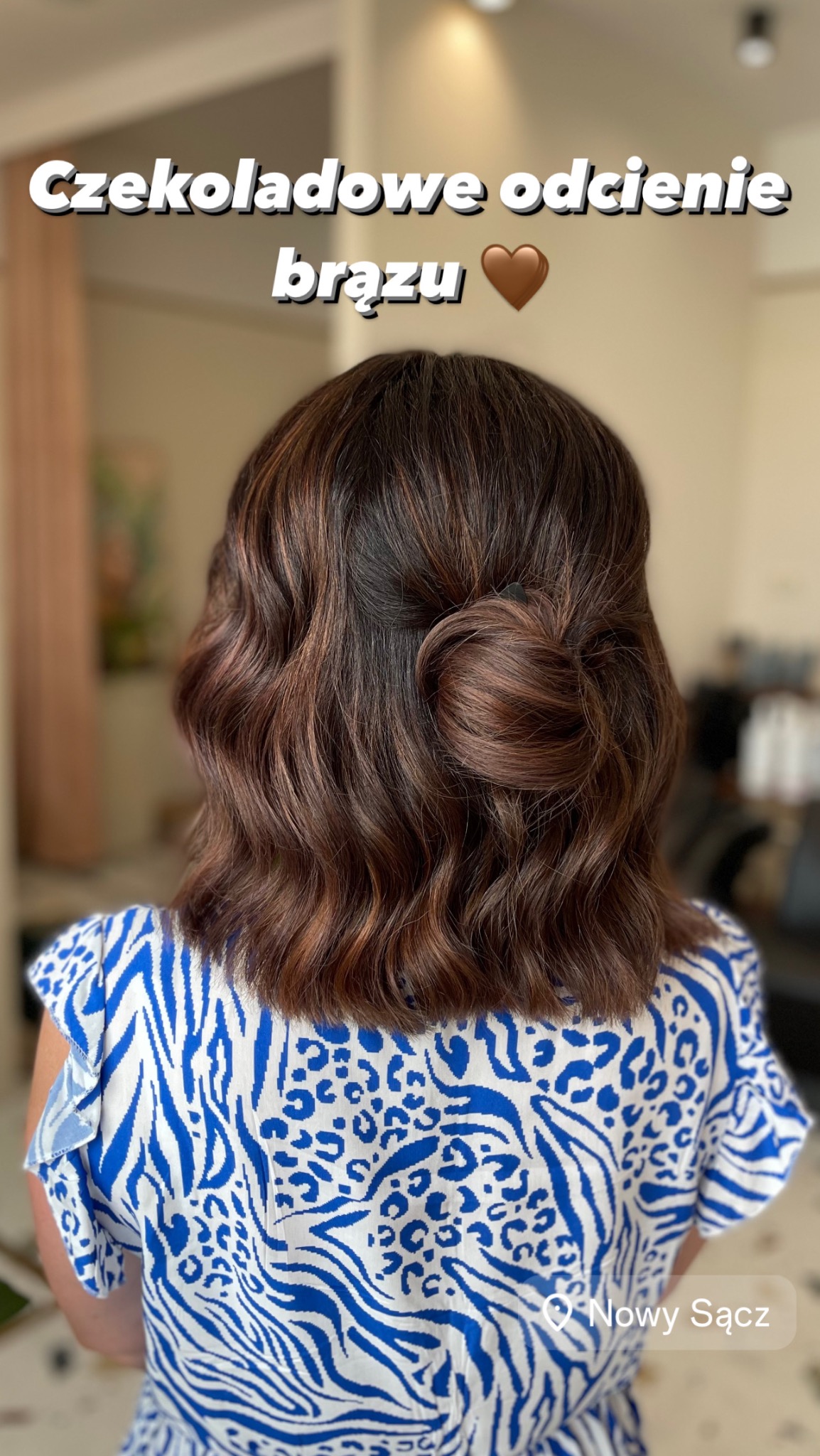 Czekoladowe odcienie brązu na falowanych włosach, upiętych z tyłu głowy, widok z tyłu, bluzka w biało-niebieski wzór.