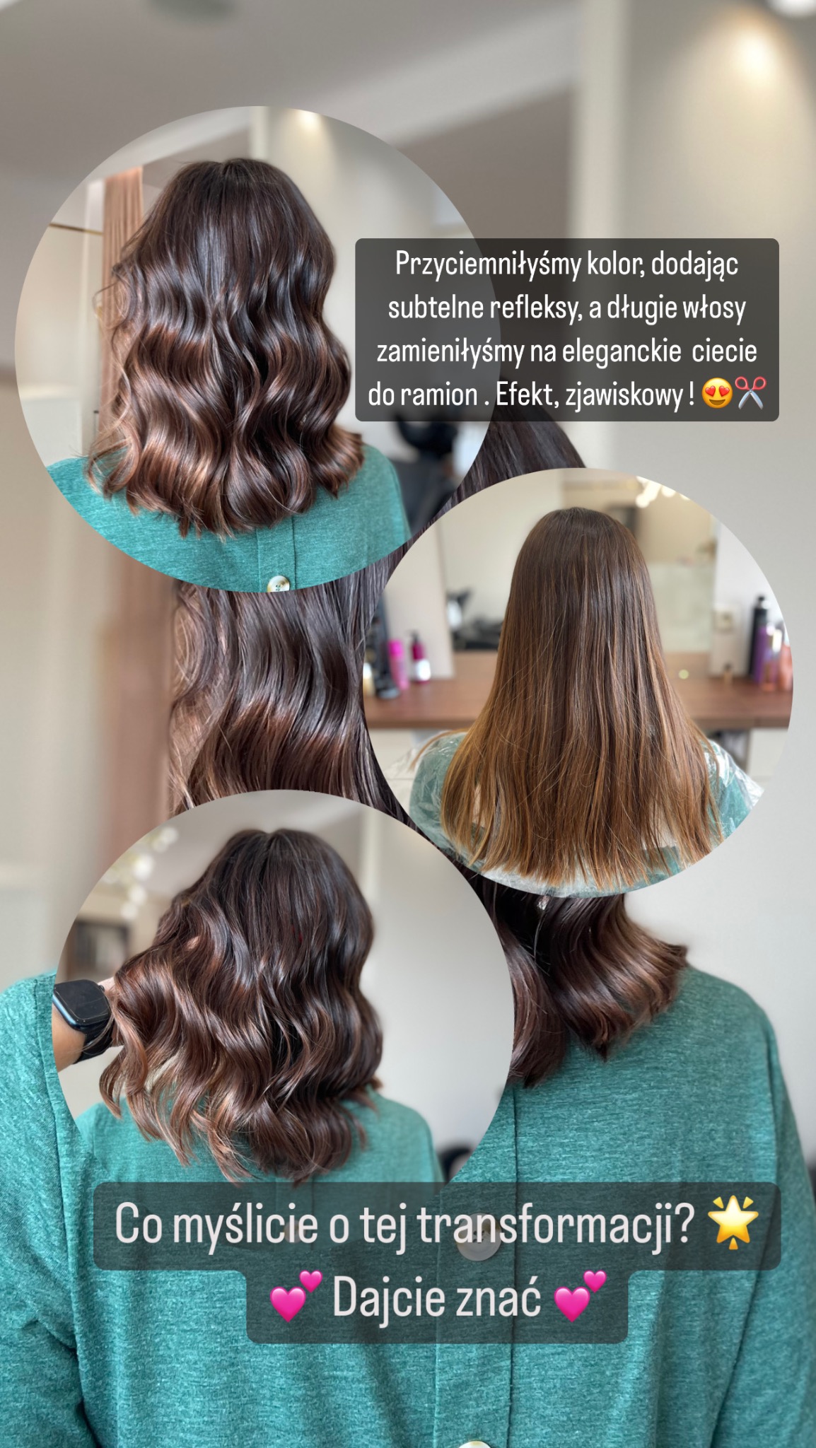 Kolaż przedstawiający metamorfozę włosów: przed i po koloryzacji z refleksami oraz cięciem do ramion, widok z tyłu