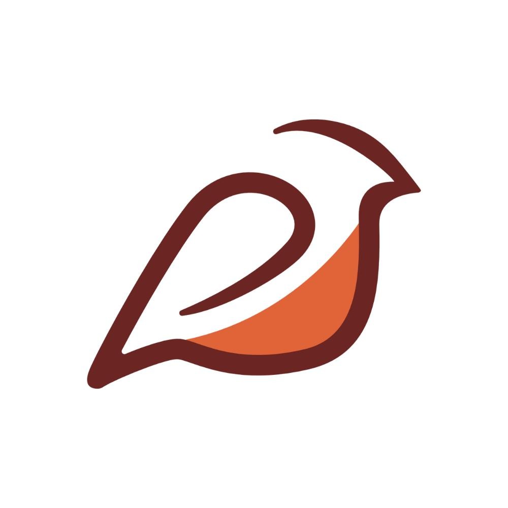 Stylizowany rysunek brązowo-pomarańczowego ptaka, logo na białym tle.