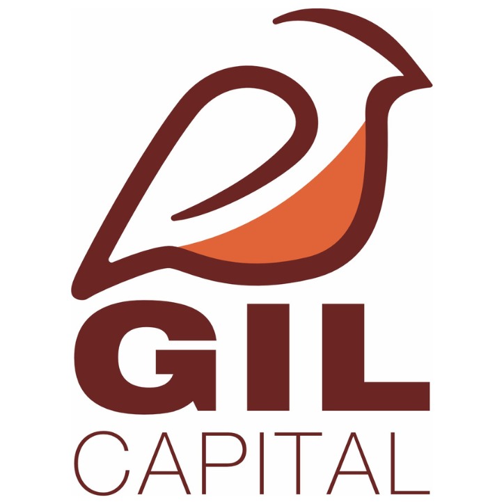 Logo firmy GIL Capital przedstawiające stylizowaną sylwetkę ptaka w odcieniach brązu i pomarańczu, umieszczoną nad nazwą firmy zapisaną dużymi, brązowymi literami.