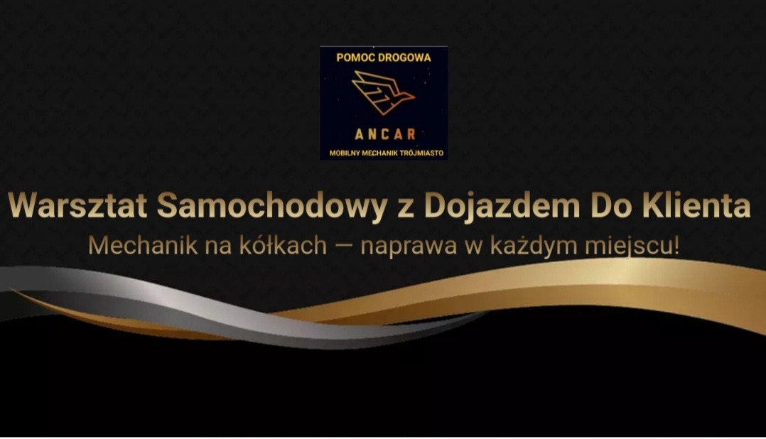 Grafika reklamowa mobilnego warsztatu samochodowego Ancar z Trójmiasta oferującego pomoc drogową i naprawy na miejscu u klienta.