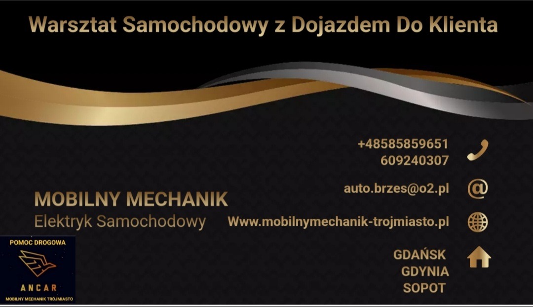 Wizytówka mobilnego warsztatu samochodowego z Trójmiasta, oferującego pomoc drogową i usługi elektryka samochodowego, z podanym numerem telefonu i adresem e-mail.