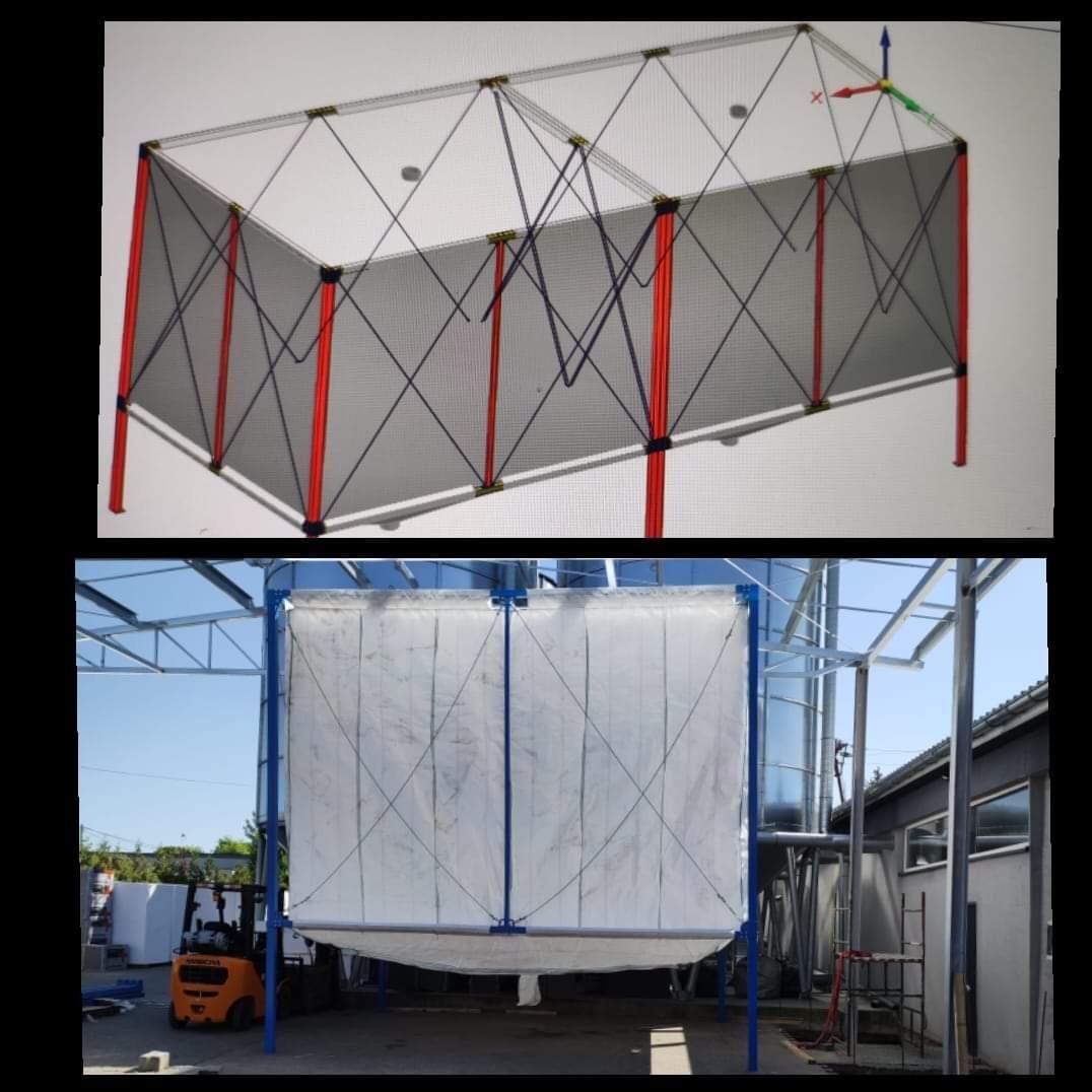 Porównanie: Wizualizacja 3D ramy z siatką w programie CAD i gotowa konstrukcja ramy z białym materiałem w przestrzeni produkcyjnej, z widocznym wózkiem widłowym w tle.