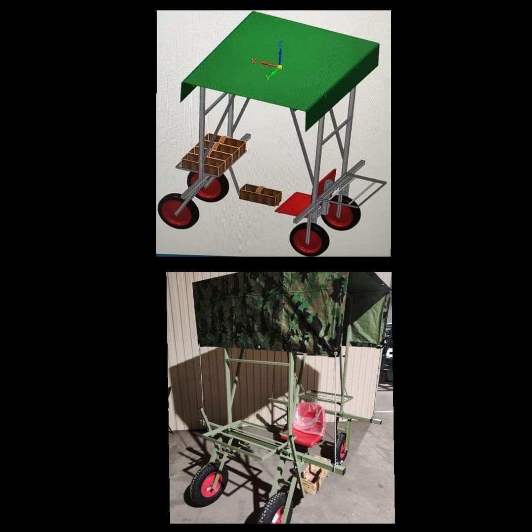 Porównanie projektu CAD i wykonanej konstrukcji w Warce: wózek z zadaszeniem i siedzeniem, widoczne różnice w materiale zadaszenia (zielony vs. kamuflaż) i detale konstrukcyjne.