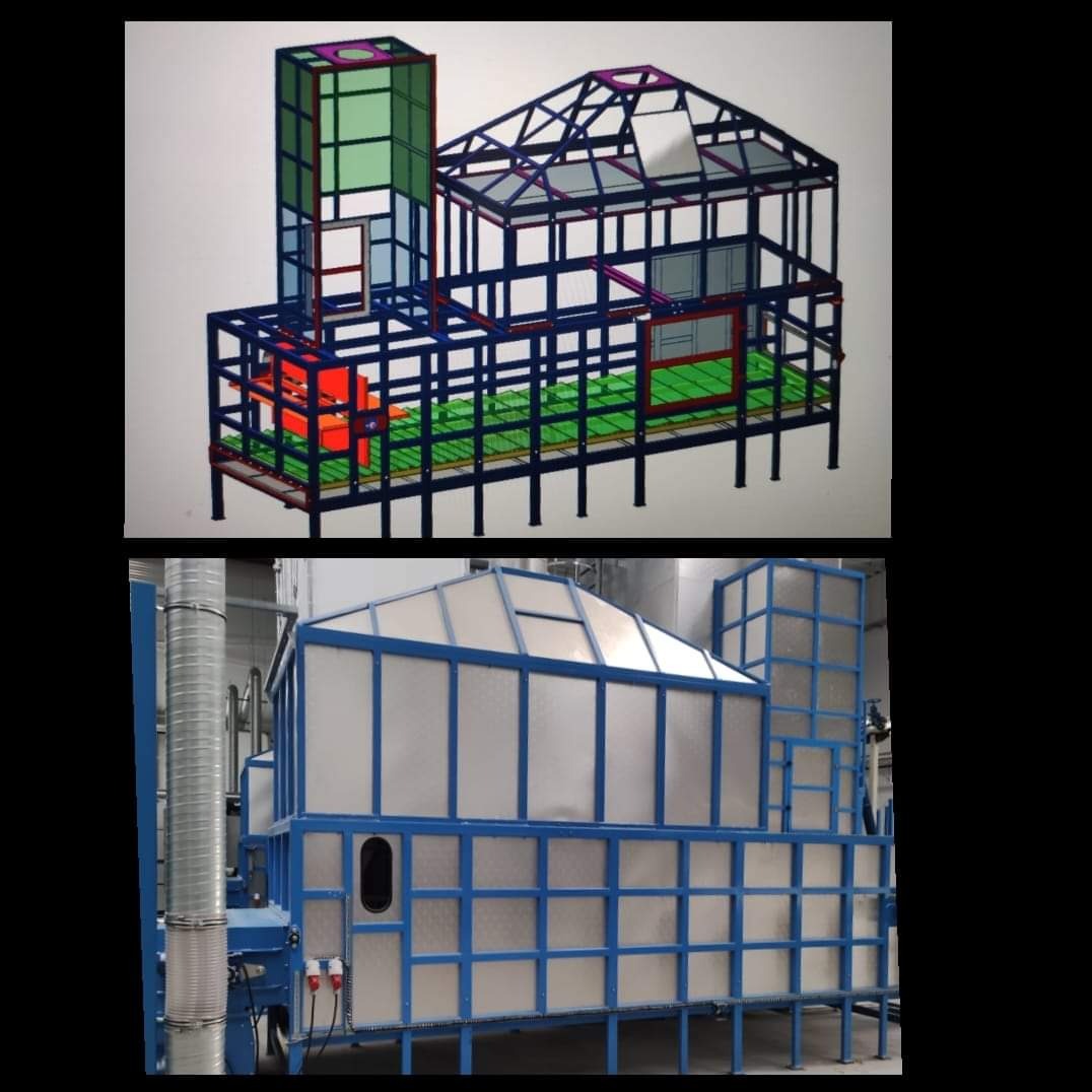 Wizualizacja 3D metalowej konstrukcji hali produkcyjnej w programie CAD/CAM, zestawiona ze zdjęciem zrealizowanej budowli o podobnej strukturze.