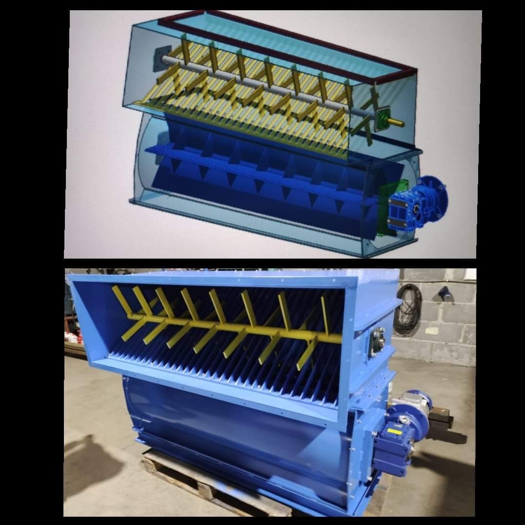 Porównanie: Wizualizacja 3D mieszalnika przemysłowego CAD/CAM/CAE zestawiona z jego fizyczną realizacją, prezentująca niebieską obudowę i żółte elementy mieszające.