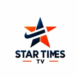 Logo Star Times TV: stylizowana gwiazda z elementem graficznym przypominającym fajkę Nike, w kolorach pomarańczowym i granatowym, nad napisem 'STAR TIMES' i mniejszym 'TV'.