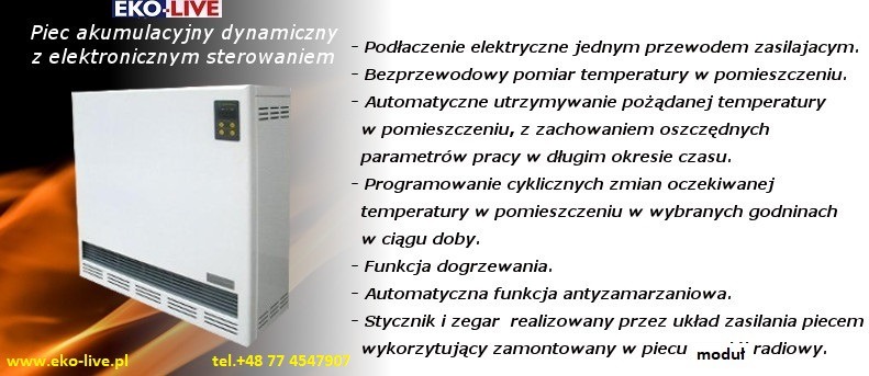 Piec akumulacyjny dynamiczny z elektronicznym sterowaniem, biała obudowa, widoczne cechy: podłączenie elektryczne jednym przewodem, bezprzewodowy pomiar temperatury, automatyczne utrzymywanie...