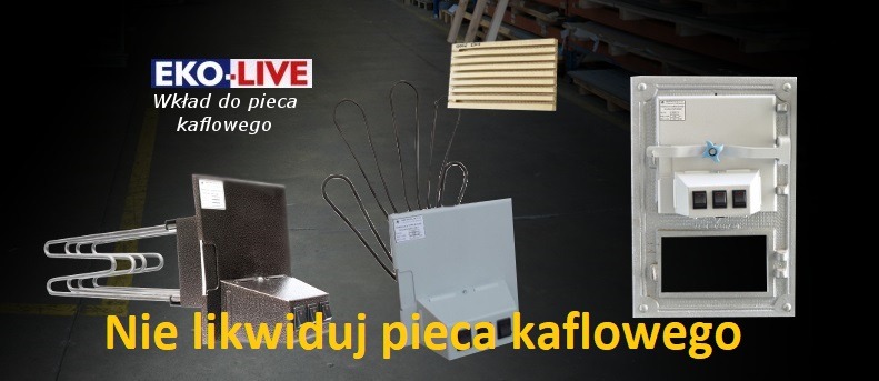 Prezentacja wkładów elektrycznych do pieca kaflowego: wkład z grzałkami spiralnymi, wkład z grzałkami rurowymi, regulator temperatury z trzema przełącznikami, oraz kratka wentylacyjna na tle magazynu.