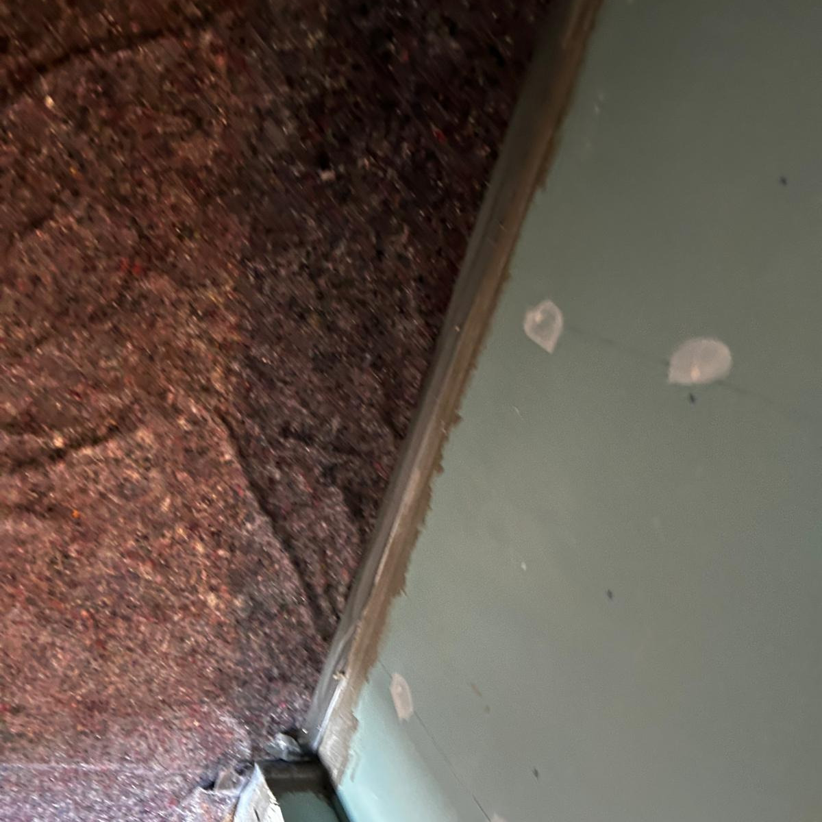 Niedokończona ściana z płyt gipsowo-kartonowych, widoczne punktowe wypełnienia ubytków i szpachlowanie łączeń, zabezpieczona folią malarską.