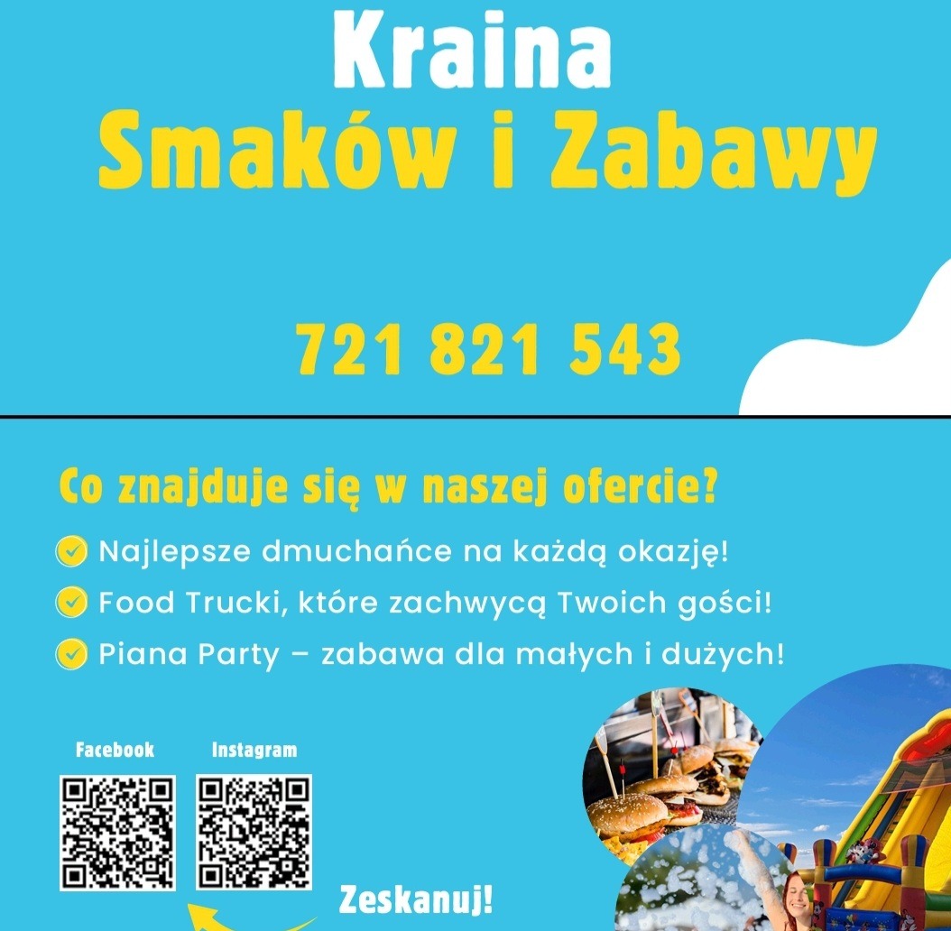 Plakat reklamowy z ofertą: dmuchańce, food trucki, piana party, numer telefonu i kody QR do Facebooka i Instagrama.