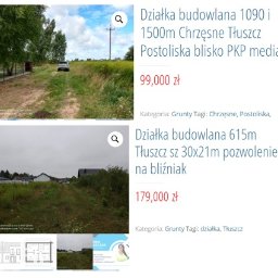Nieruchomości Monika Błaszczak - Nieruchomość gruntowa z drogą dojazdową, widoczne drzewa i słup energetyczny w tle, częściowo zarośnięta trawą.