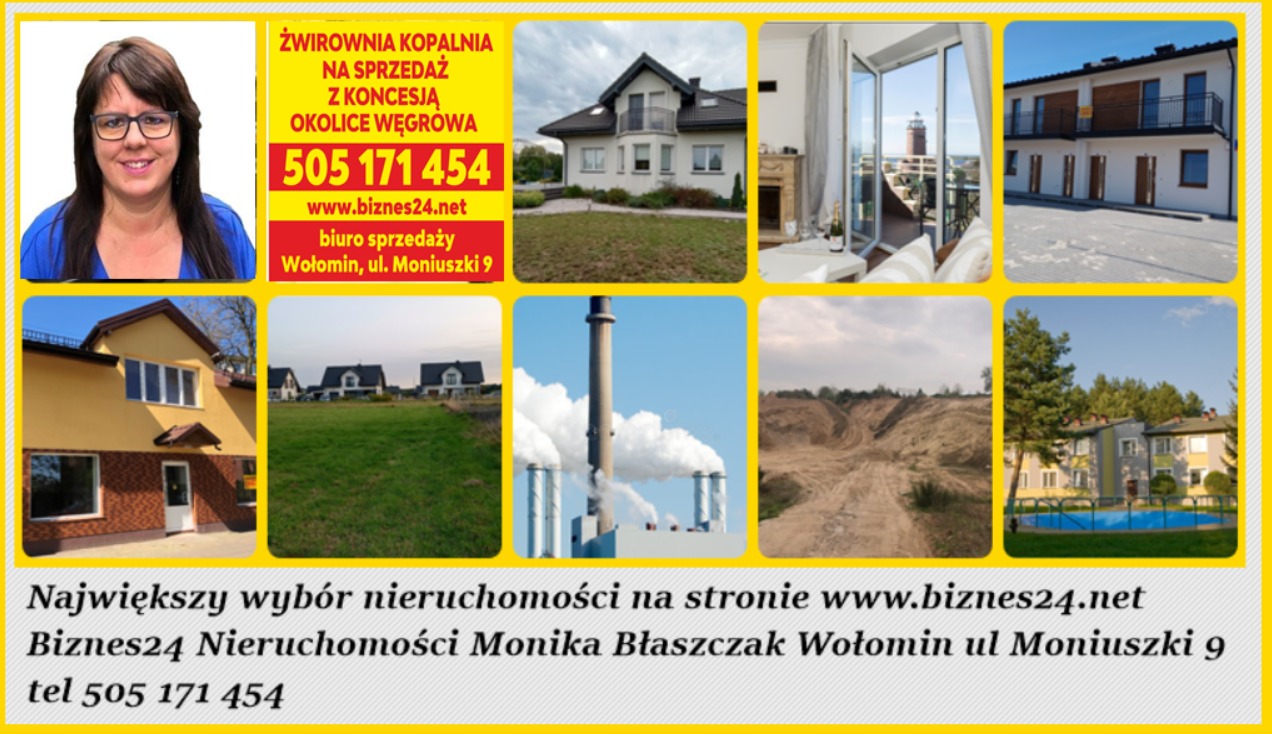 Mozaika zdjęć prezentująca nieruchomości i tereny na sprzedaż w Wołominie i okolicach, w tym domy jednorodzinne, wnętrze apartamentu z widokiem na morze, żwirownia i zdjęcie kobiety.