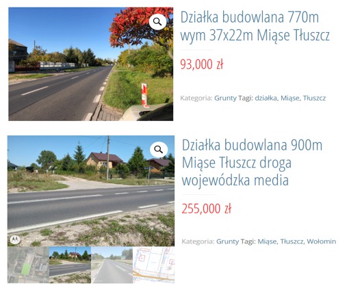 Dwie działki budowlane w Miąsem Tłuszczu, widok z drogi, w tle domy i drzewa.