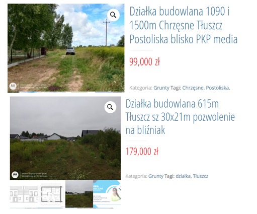 Nieruchomość gruntowa z drogą dojazdową, widoczne drzewa i słup energetyczny w tle, częściowo zarośnięta trawą.