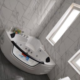 Oferteo s.a - Biała narożna wanna z hydromasażem w łazience wyłożonej płytkami imitującymi marmur, z oknami dachowymi. Widok z góry, ukośny kadr.