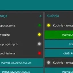Interfejs użytkownika systemu sterowania roletami w domu, z widocznymi statusami i przyciskami do podnoszenia/opuszczania rolet w kuchni i salonie, prezentowany na ekranie urządzenia.