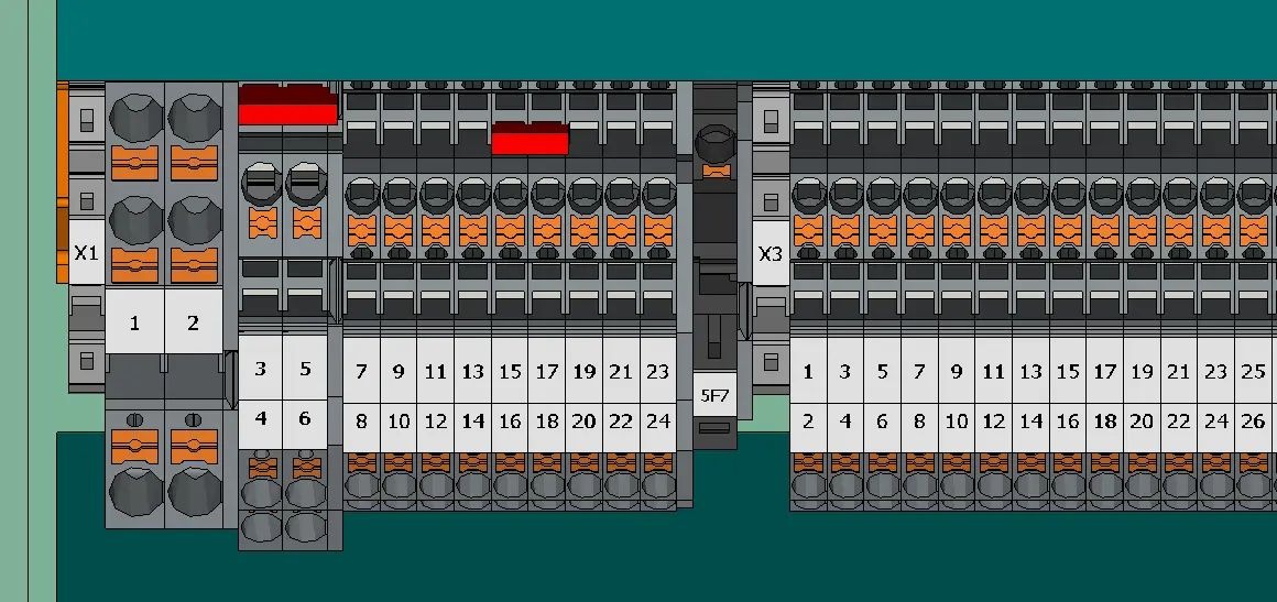 Szczegółowe zbliżenie na listwę zaciskową z numerowanymi polami i oznaczeniami X1, X3, 5F7, prezentujące połączenia elektryczne.