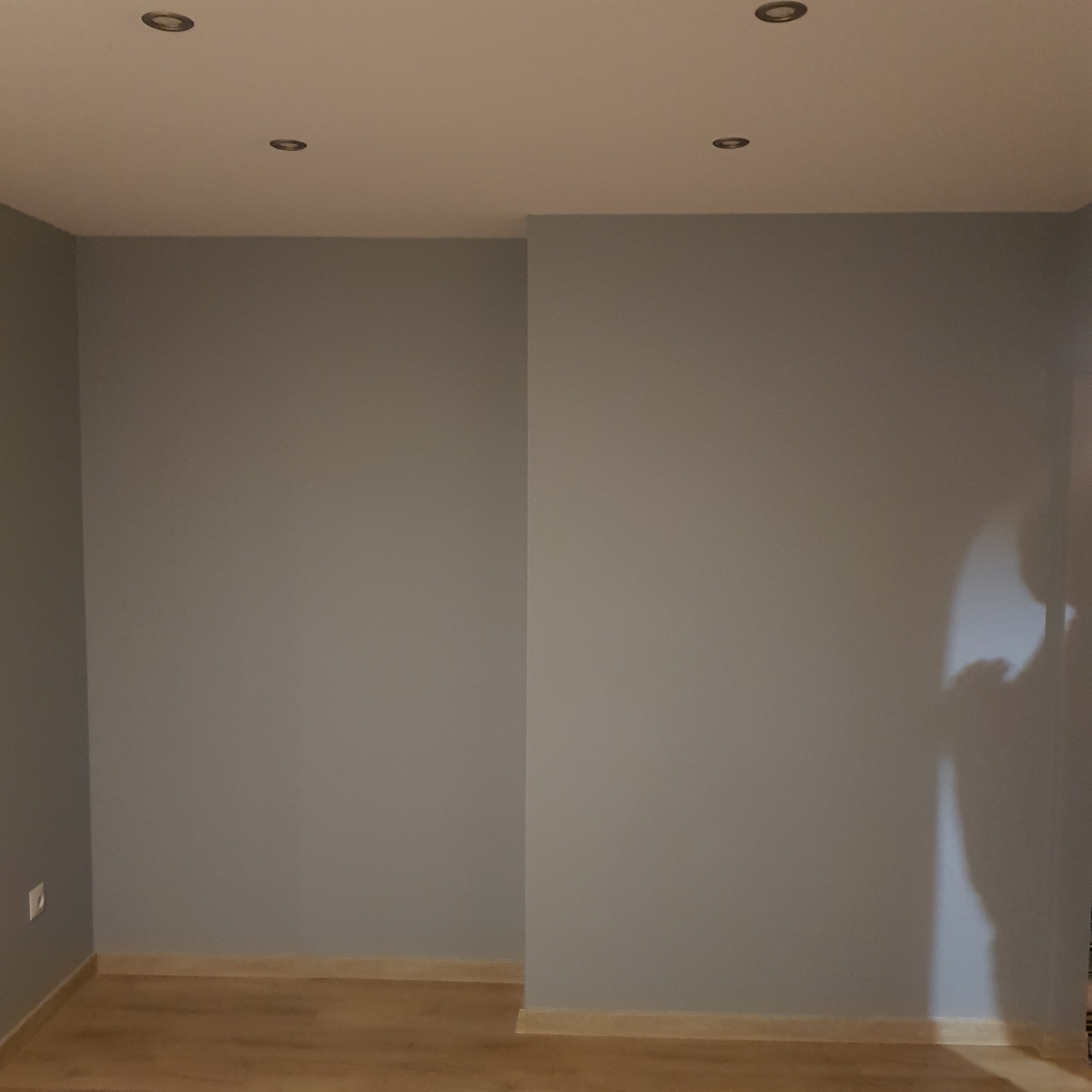 Pomalowane na szaro ściany w pustym pokoju z drewnianą podłogą i czterema punktowymi lampami sufitowymi.