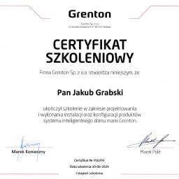 Certyfikat ukończenia szkolenia z systemów Smart Home Grenton poziom 1