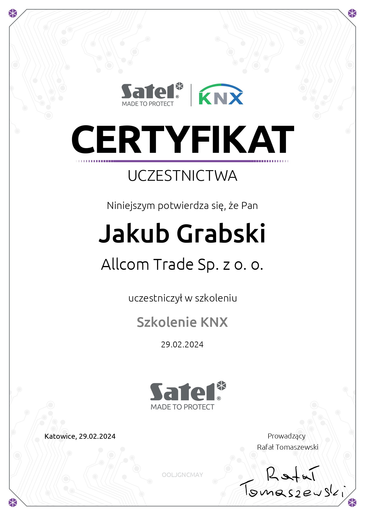 Certyfikat z systemów smart KNX