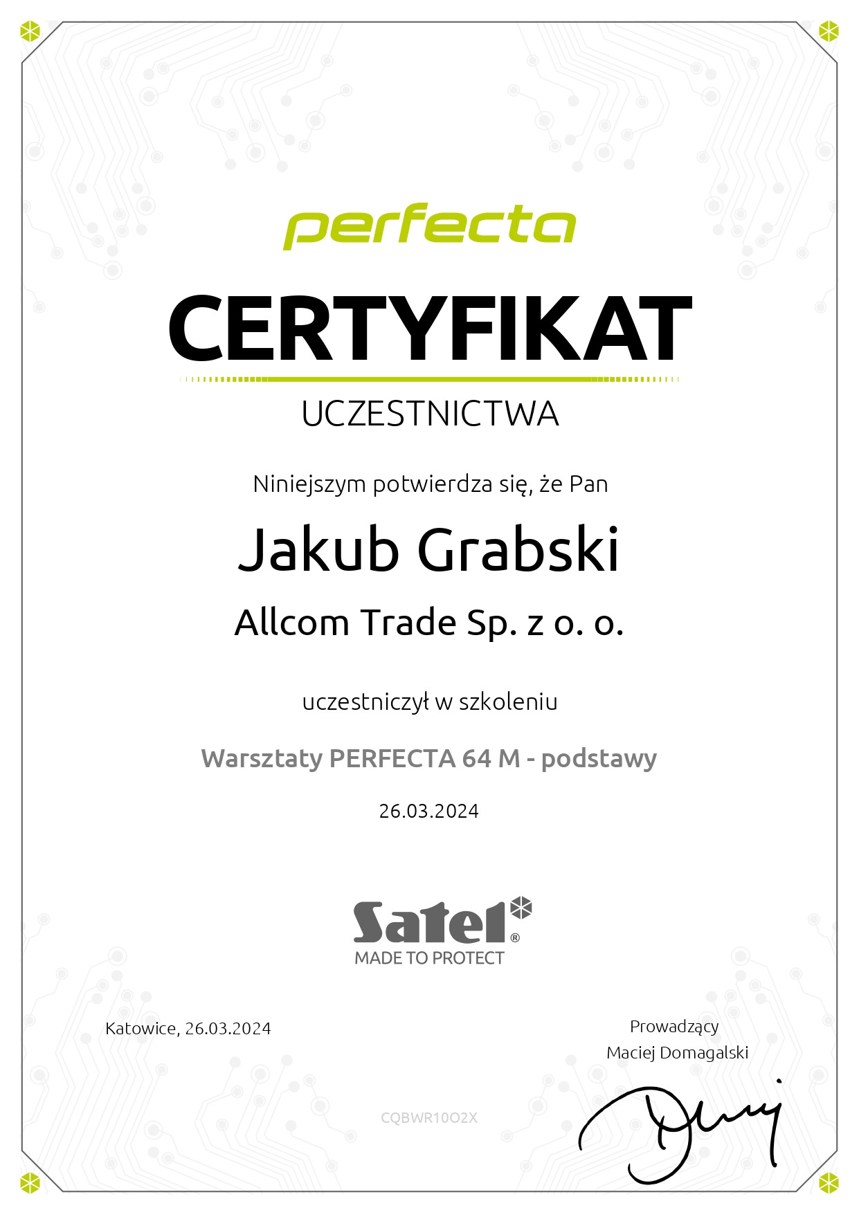Certyfikat znajomości systemu Perfecta 64M w zakresie podstawowym