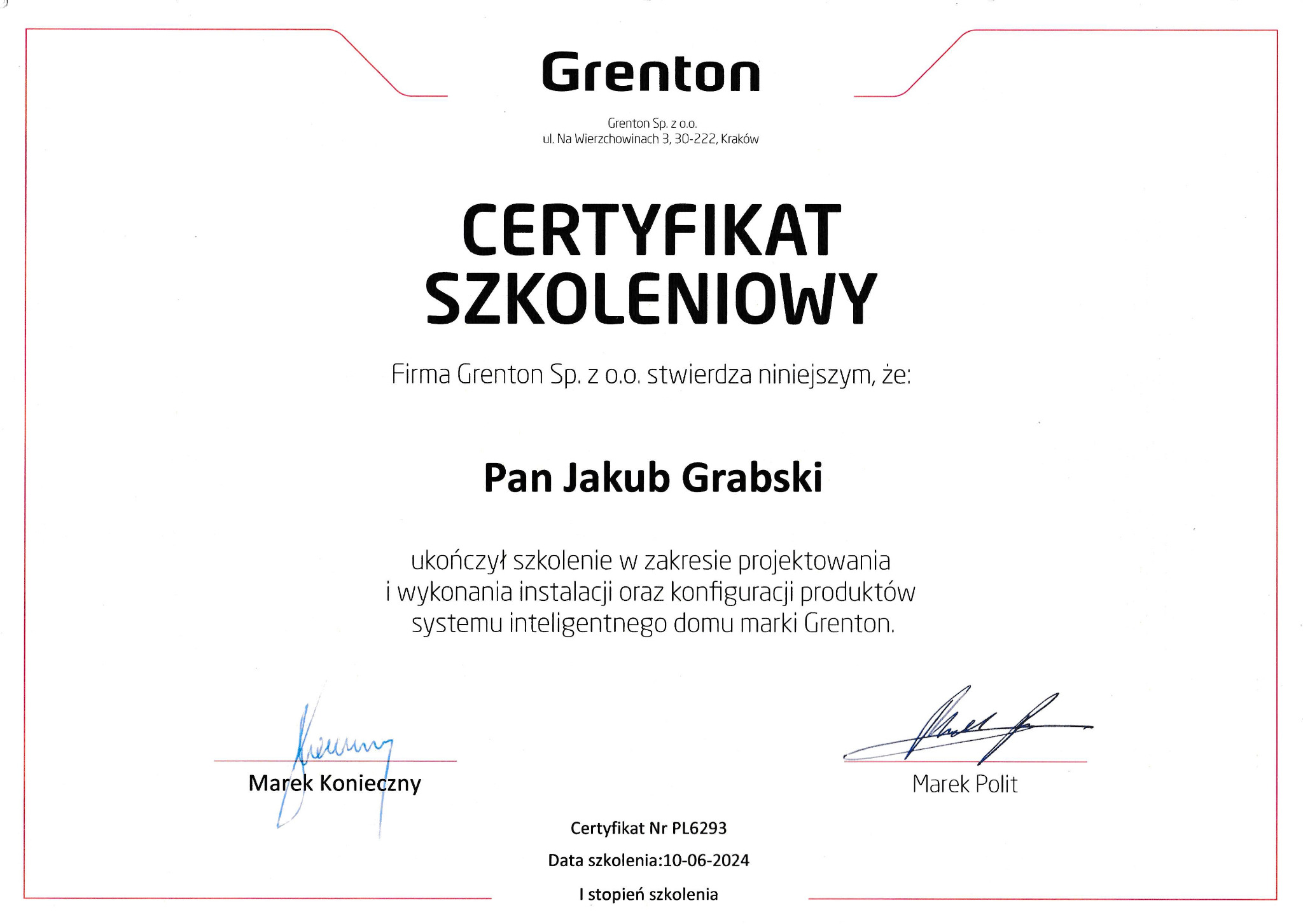 Certyfikat ukończenia szkolenia z systemów Smart Home Grenton poziom 1