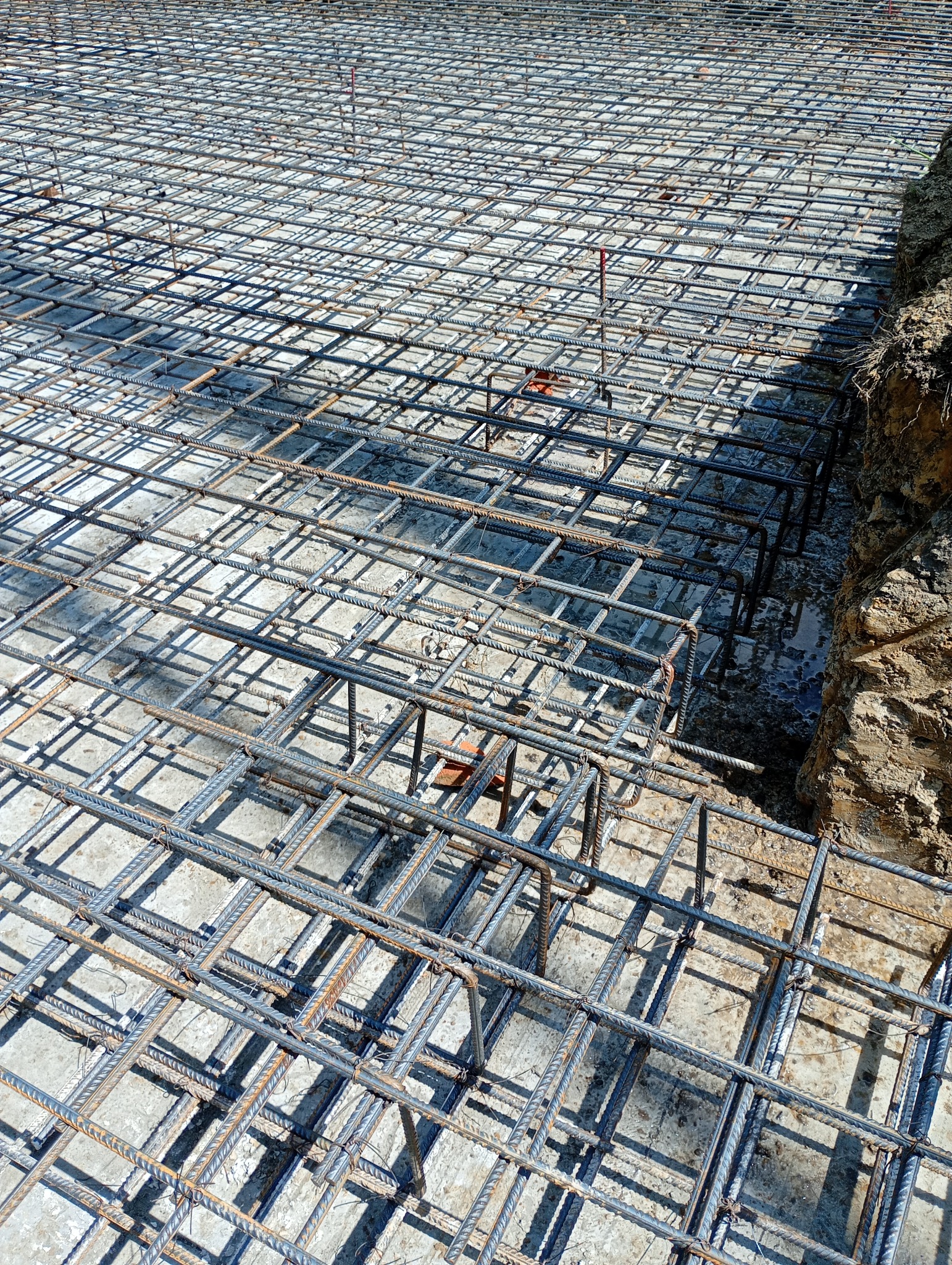 Zbrojenie fundamentów z betonu, widok z góry. Stalowe pręty tworzą regularną siatkę na jasnej powierzchni betonu. W tle ziemia.