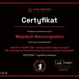 Business Intelligence Consilting - Certyfikat ukończenia szkolenia 'OSINT LAB' dla Wojciecha Smorongowicza, wydany przez Pawła Hordyńskiego Cyberguru, z datą 28/01/2025, dotyczący białego wywiadu.
