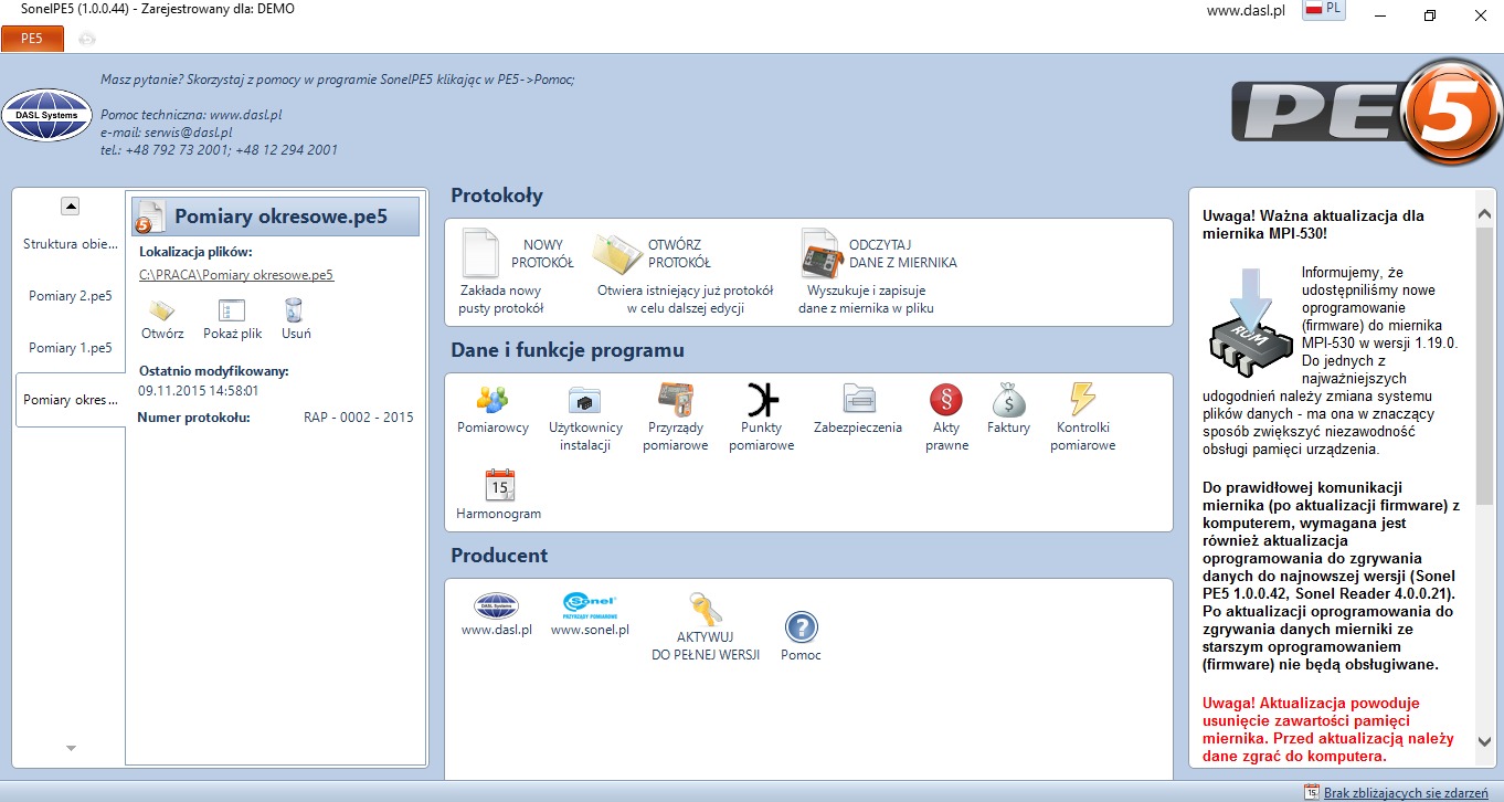 Zrzut ekranu programu SonelPE5 do tworzenia protokołów pomiarów elektrycznych, widoczne menu główne z opcjami tworzenia i otwierania protokołów, odczytu danych z miernika oraz ikonami funkcji...