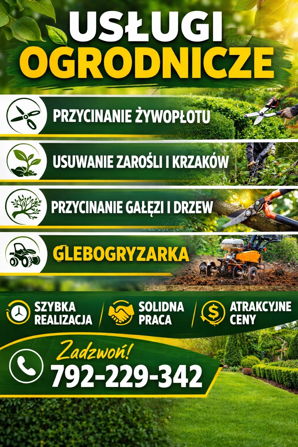 Grafika reklamowa usług ogrodniczych: przycinanie żywopłotu, usuwanie zarośli, przycinanie gałęzi, glebogryzarka. Szybka realizacja, solidna praca, atrakcyjne ceny.