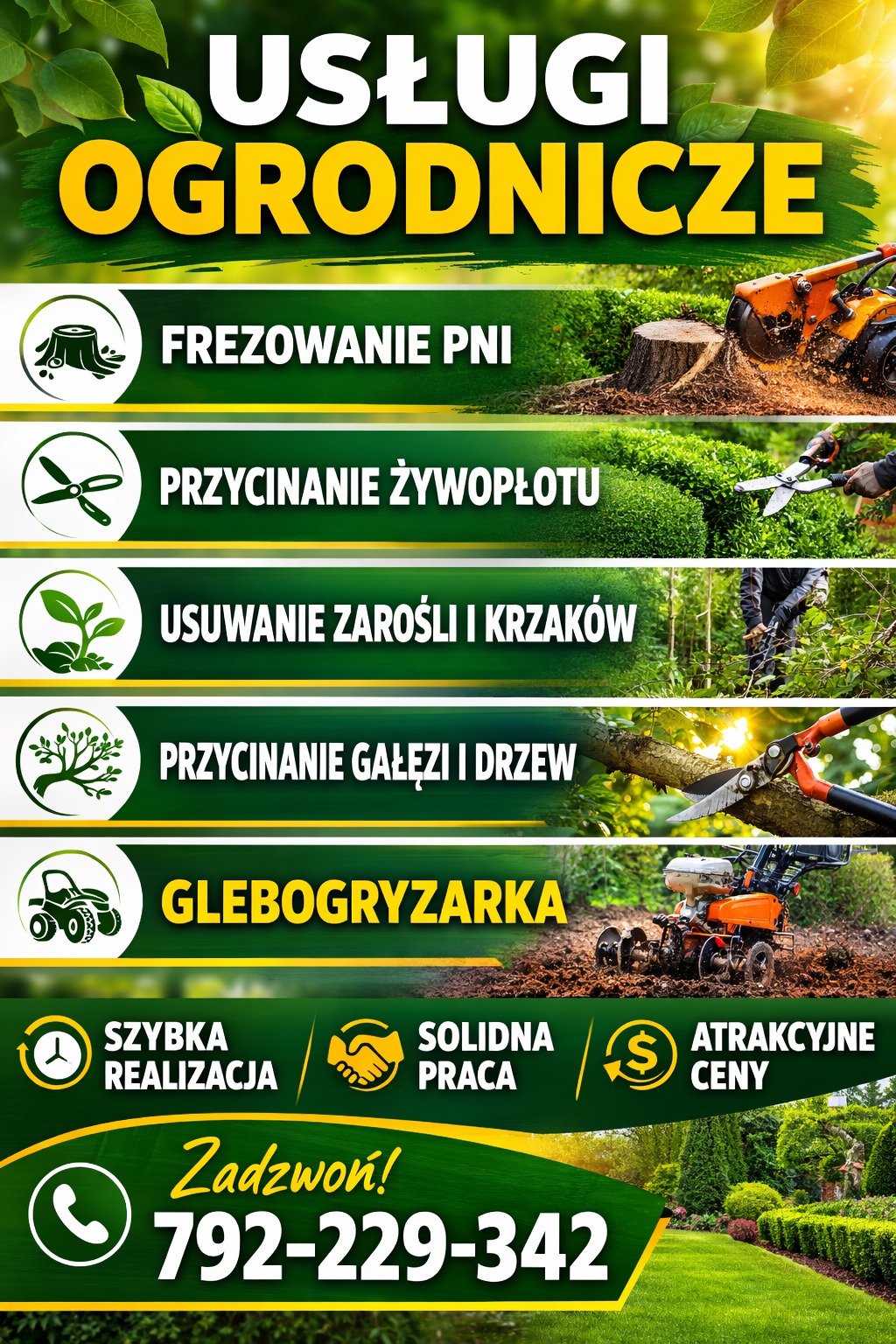 Grafika reklamowa usług ogrodniczych: frezowanie pni, przycinanie żywopłotu i gałęzi, usuwanie zarośli, glebogryzarka. Szybka realizacja, solidna praca, atrakcyjne ceny.
