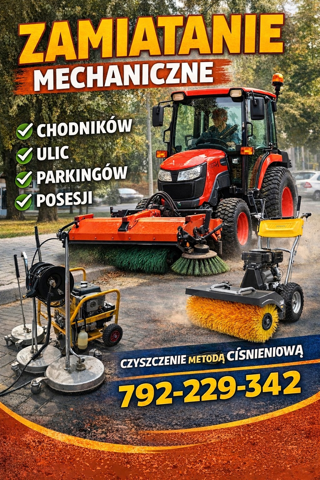 Mechaniczne zamiatanie: czerwony traktor z szczotką, myjka ciśnieniowa i zamiatarka chodnikowa. Usługi czyszczenia chodników, ulic, parkingów i posesji.