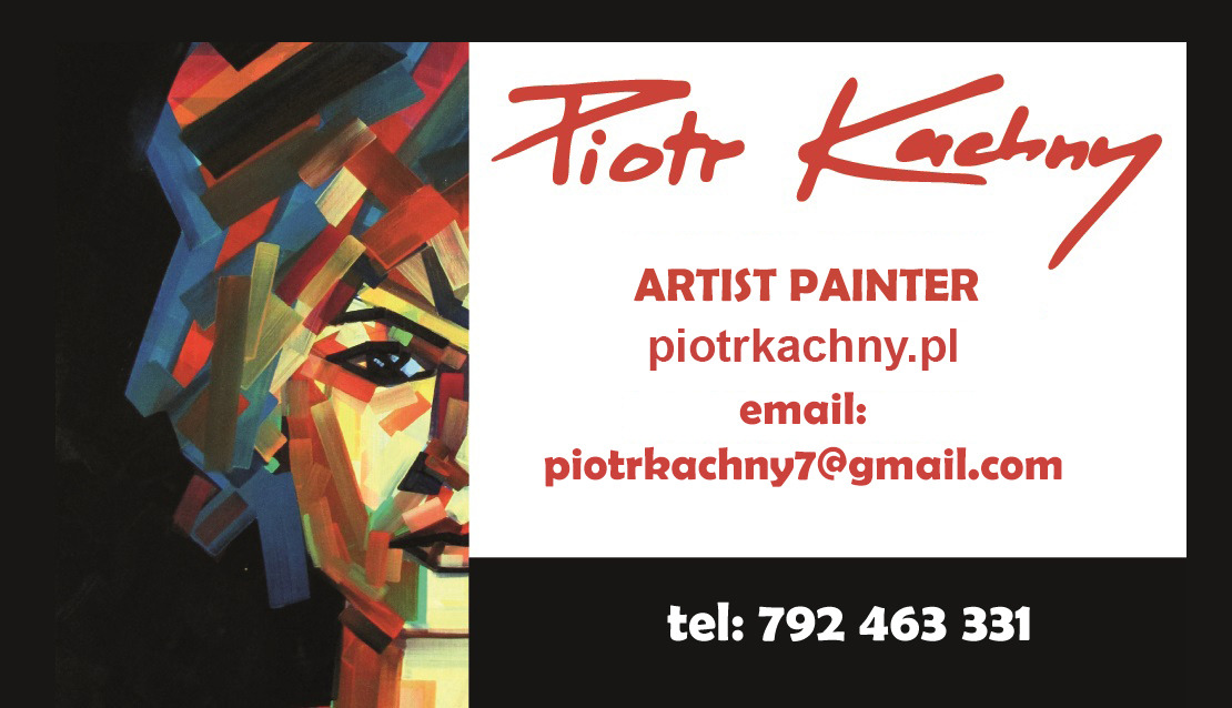 Abstrakcyjny portret kobiety, wykonany techniką geometryczną z użyciem kolorowych trójkątów i prostokątów, obok danych kontaktowych artysty Piotra Kachny.