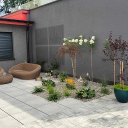 Kamil Łakomy - Nowoczesny ogród z szarym murem, ozdobnymi drzewami podpartymi bambusowymi tyczkami, rabatą z kamyków i roślin oraz meblami ogrodowymi z rattanu na jasnych płytach chodnikowych.