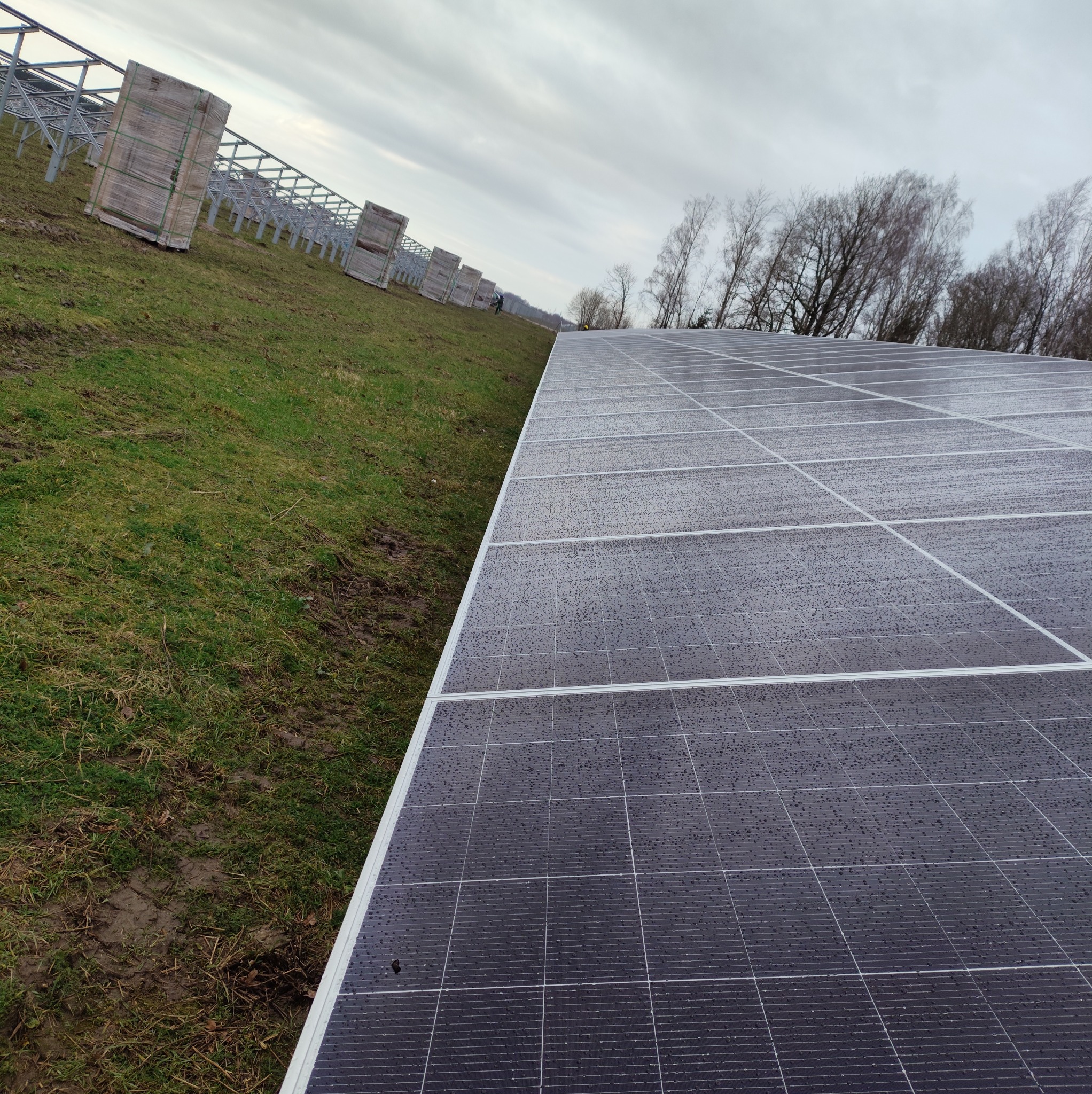 Montaż paneli fotowoltaicznych w Bełchatowie. Widok na konstrukcję wsporczą i panele z bliska, pokryte kroplami wody. Pochmurne niebo w tle.