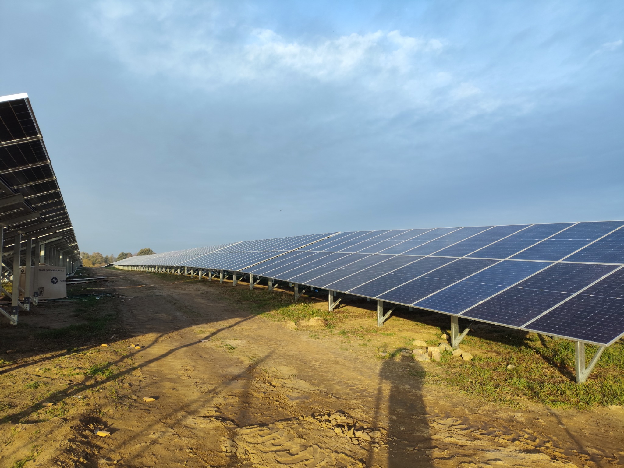 Długa instalacja paneli słonecznych w rzędach, widziana z perspektywy ziemi, z wyraźnym cieniem osoby w prawym dolnym rogu i błękitnym niebem z chmurami w tle.